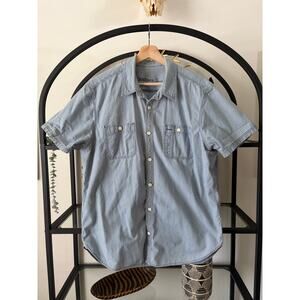 Gap 1969 Railroad Stripe Work Shirt Mens Large Blue White Short Sleeve Button Up